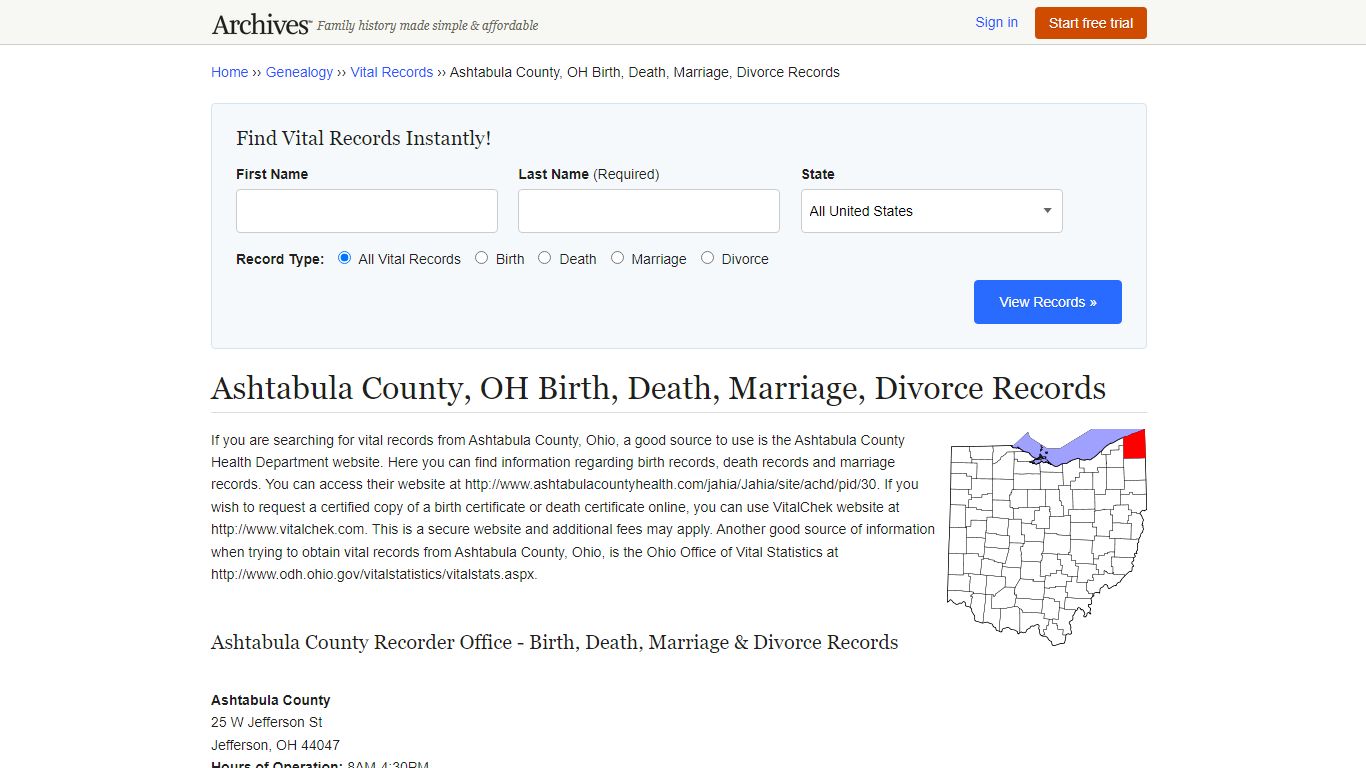Ashtabula County, OH Birth, Death, Marriage, Divorce Records