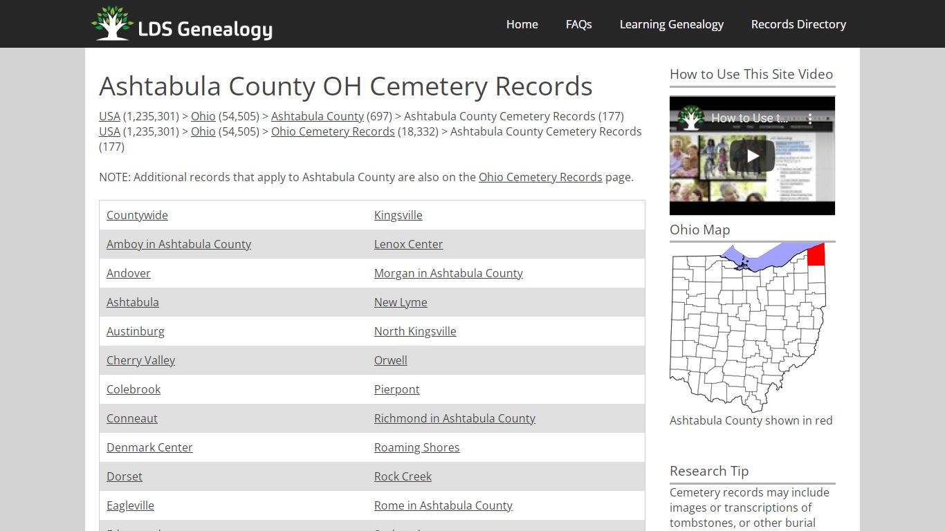Ashtabula County OH Cemetery Records - LDS Genealogy